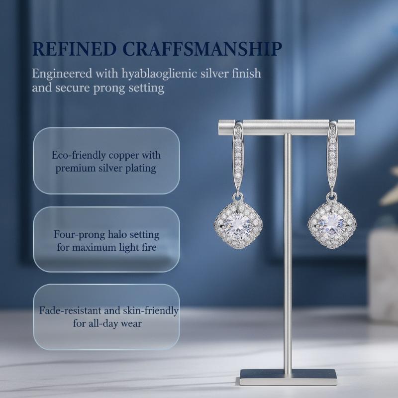 Trendy Luxury Silver Color Square Drop Earring Wedding Bridal Accessories Shine Zircon Stone Elegant Women Jewelry