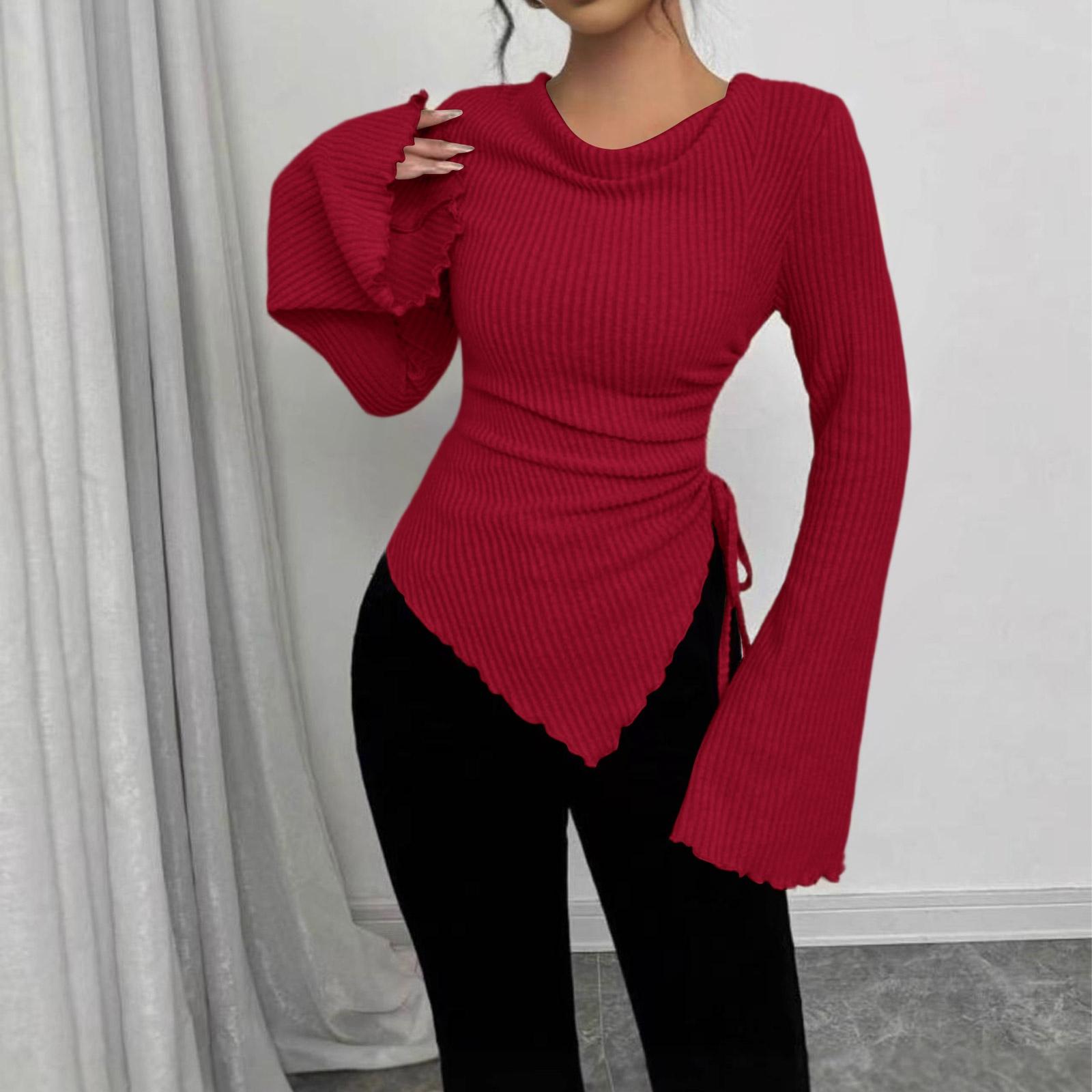 

Женская модная повседневная футболка с длинными рукавами, однотонная, с неровным подолом, рукавами-фонариками, дизайном на кулиске, облегающего кроя, пуловер, топ с круглым вырезом XL винный