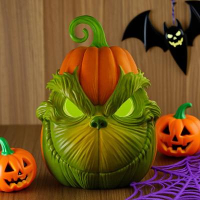 Halloween Pumpkin Face Statue Spooky 3D Printed Green Elf Pumpkin Figurine Collectible Christmas Ornament for Home Decor
