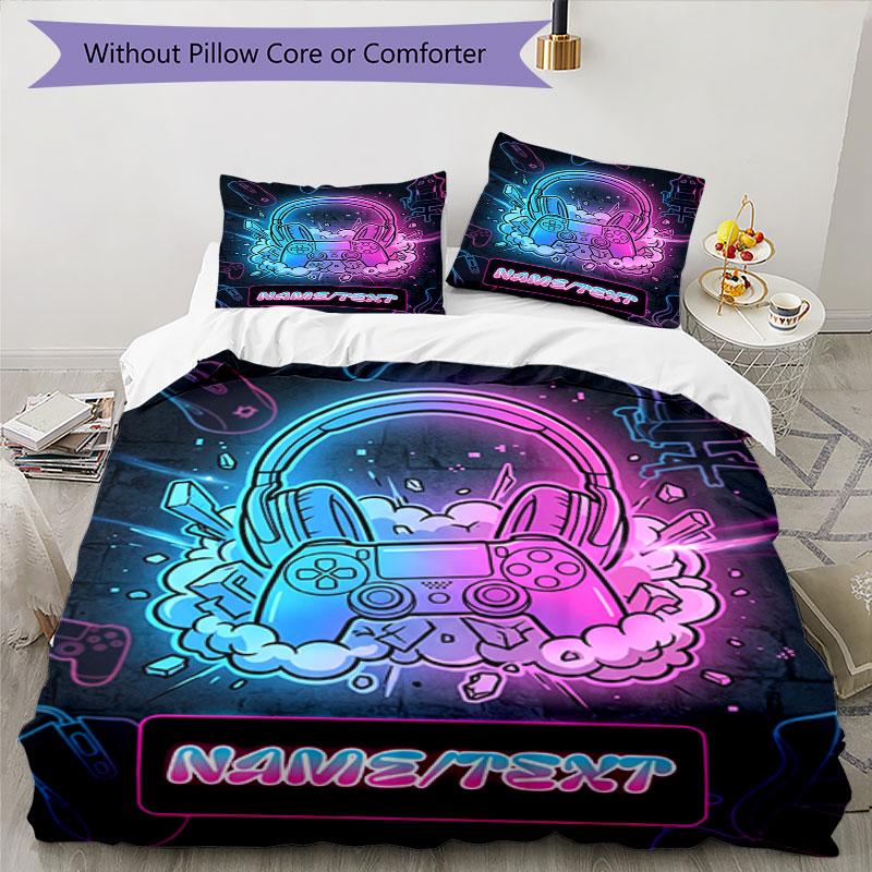 3PC Custom Name Gamer Neon Vibes Bedding Set Printed Bedding Set Duvet Cover Closure Includes 1 Duvet Cover & 52 Pillowcases for Bedroom