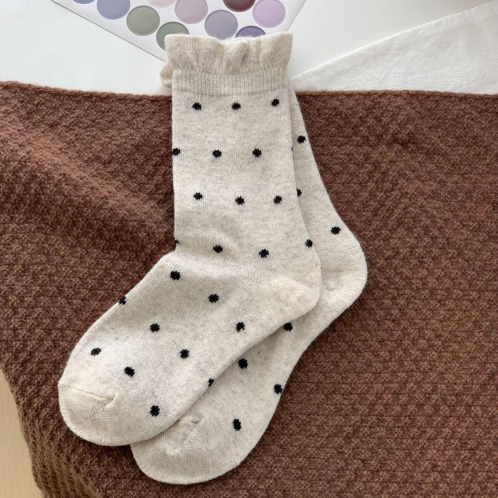 Polka Dot Korean Mid-Calf Lambswool Socks - Autumn/Winter Women's Chunky Warm Style
