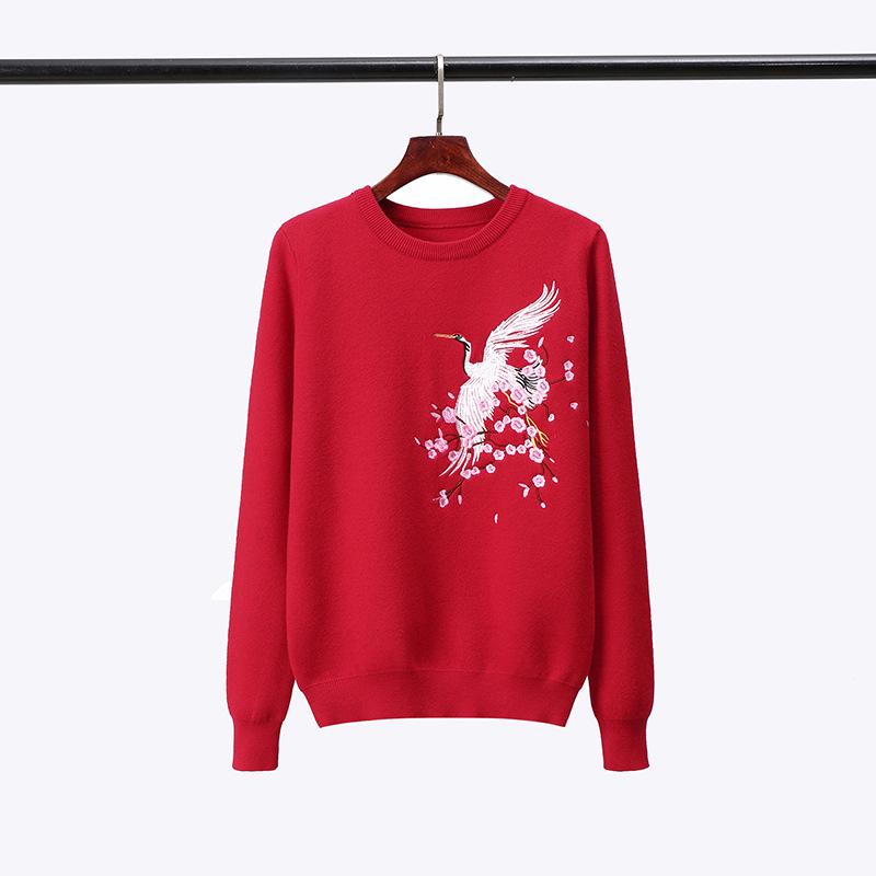 2023 Women's Autumn Embroidered Crane Knit Pullover: Slimming Long Sleeve Base Layer Top