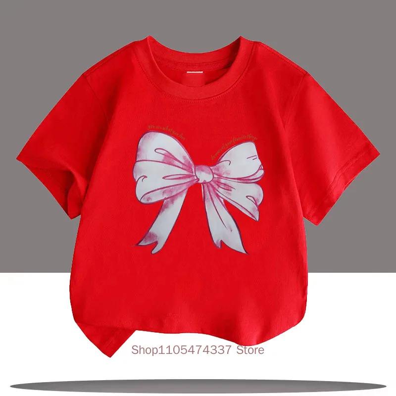 Pink Bow Graphic Print Tshirts For Girls Summer Children Casual Cute Comfortable Colorful Tops Kids Oneck Short Sleeve Tees