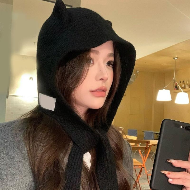 Lovely Devil Ear Knit Hat With Neck Wrap Breathable Pullover Hat For Women Daily Outfit and Outdoor Cycling Walking