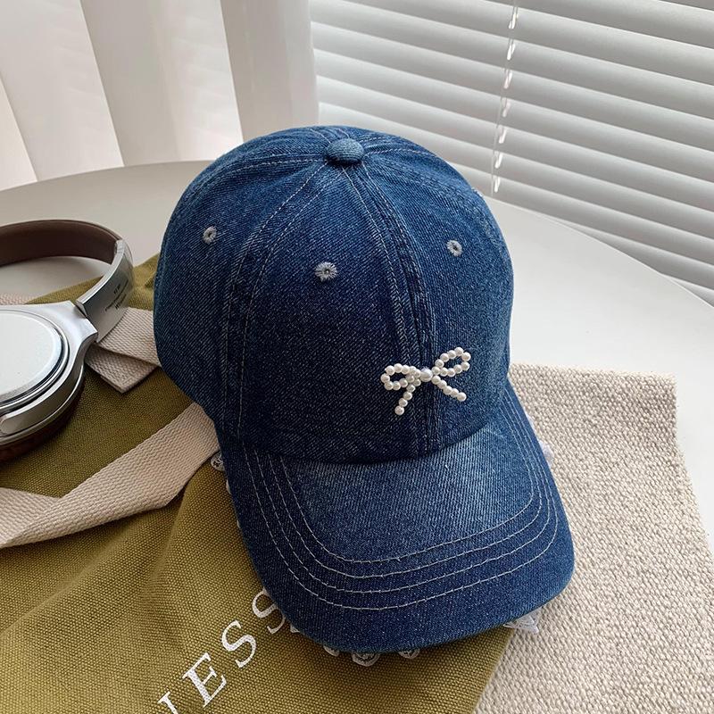 Lace lace denim baseball cap women's big head circumference showing face small cap three-dimensional pearl bow hat