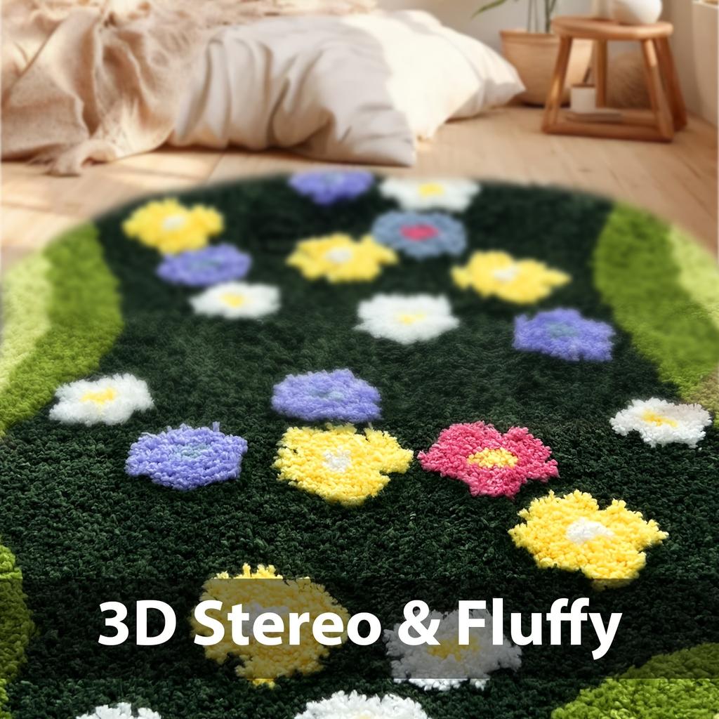 Ultra-Soft Moss Runner Rug - Non-Slip, Absorbent, Aesthetic Decorative Bath Mat with Shaggy Tufted Flower Design, Extra Long Polyester & PVC Backing