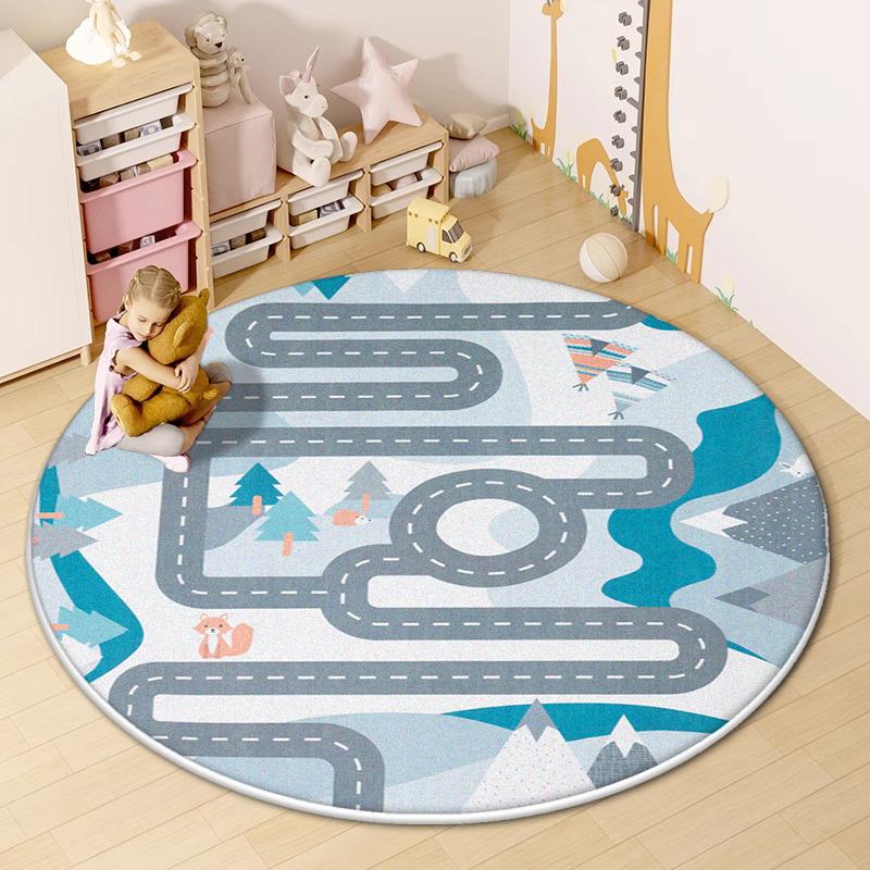 Road Round Mat for Children Cute Cartoon Children Room Area Rug Home Living Room Carpet Non-slip Soft Hanging Basket Chair Mats