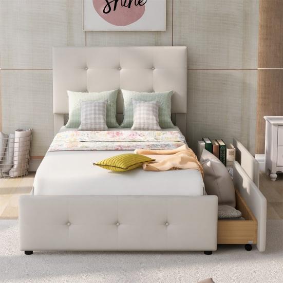Drawer Bedside Table 99x210cm Velvet Fabric Kids Bed with Adjustable Headboard 2 Drawers Single Ergonomic Design Strong Wood Slat Support Home