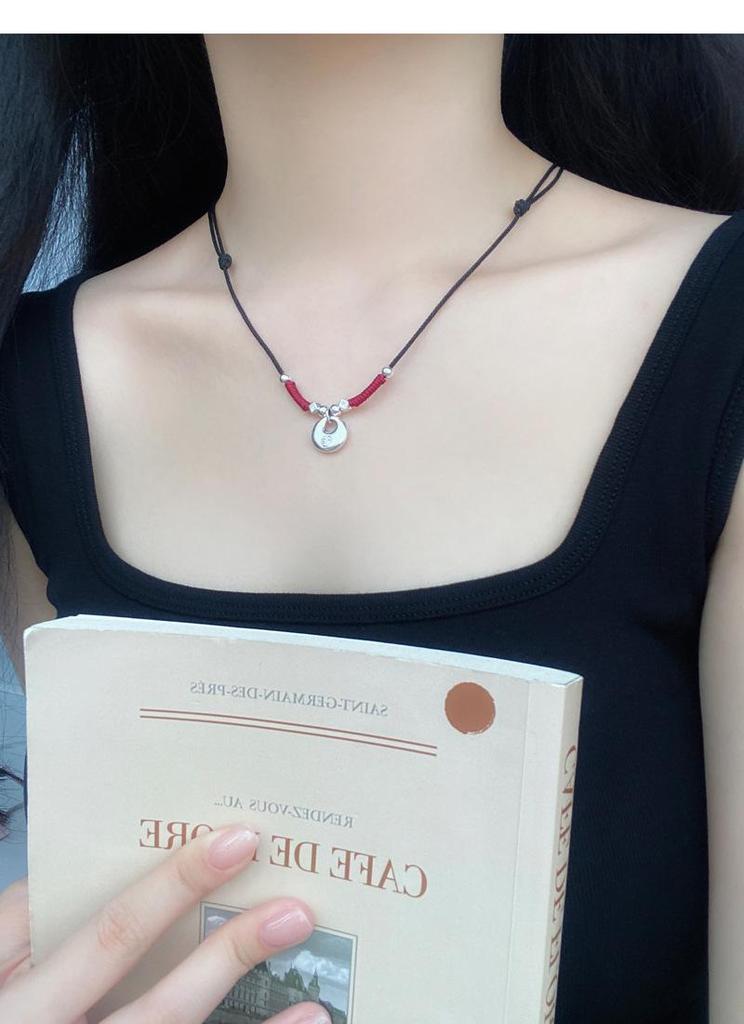 Adjustable 999 Sterling Silver Chinese Fu Necklace for Women with Safe Auspicious Cloud Buckle & Hand-woven Rope