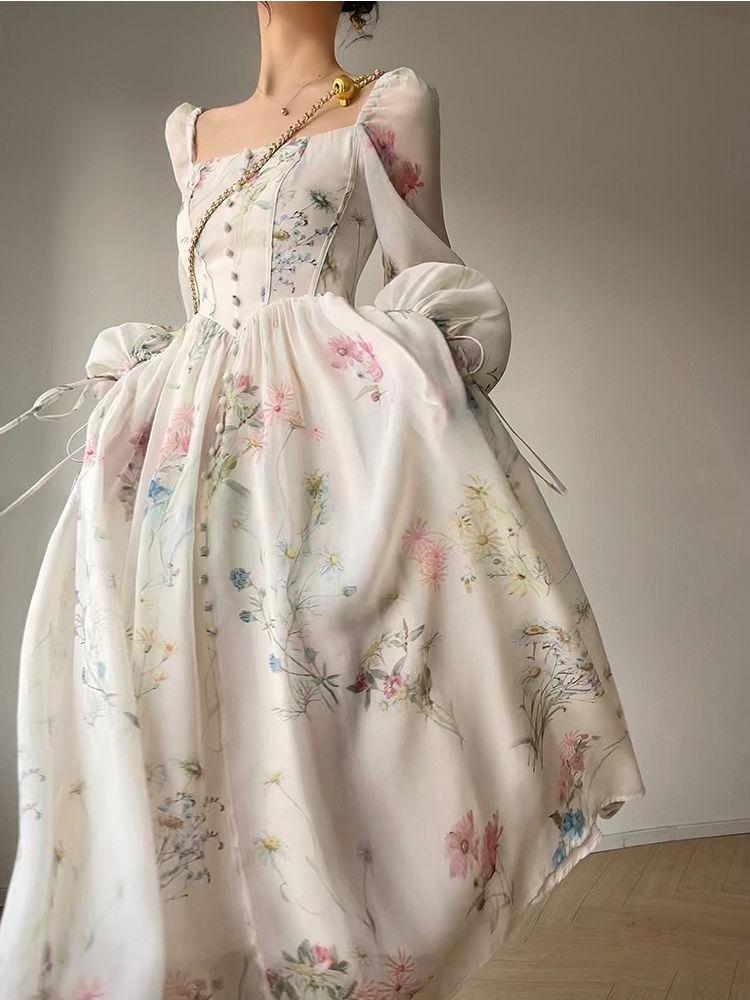 French Elegant Print Square Collar Mini Dress Women Fashion Chiffon Long Sleeve Party Dresses Female Vintage Beach Lace Up Clothing Fairy