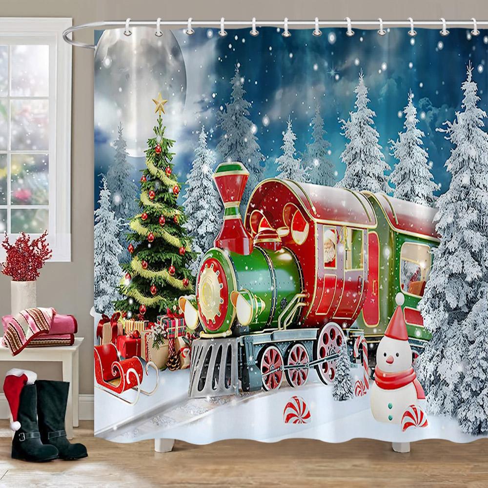 Weihnachten Hintergrund Duschvorhang Feiertagsgeschenke Kamin Weihnachtsbaum Girlande Stoff Badvorhänge Badezimmerdeko mit Haken