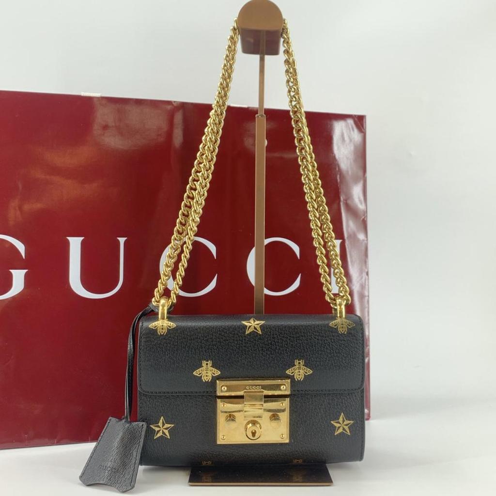 GUCCI Bee & Star Shoulder Bag Crossbody Chain Strap Gold Hardware Leather 432182 Padlock Black Women's