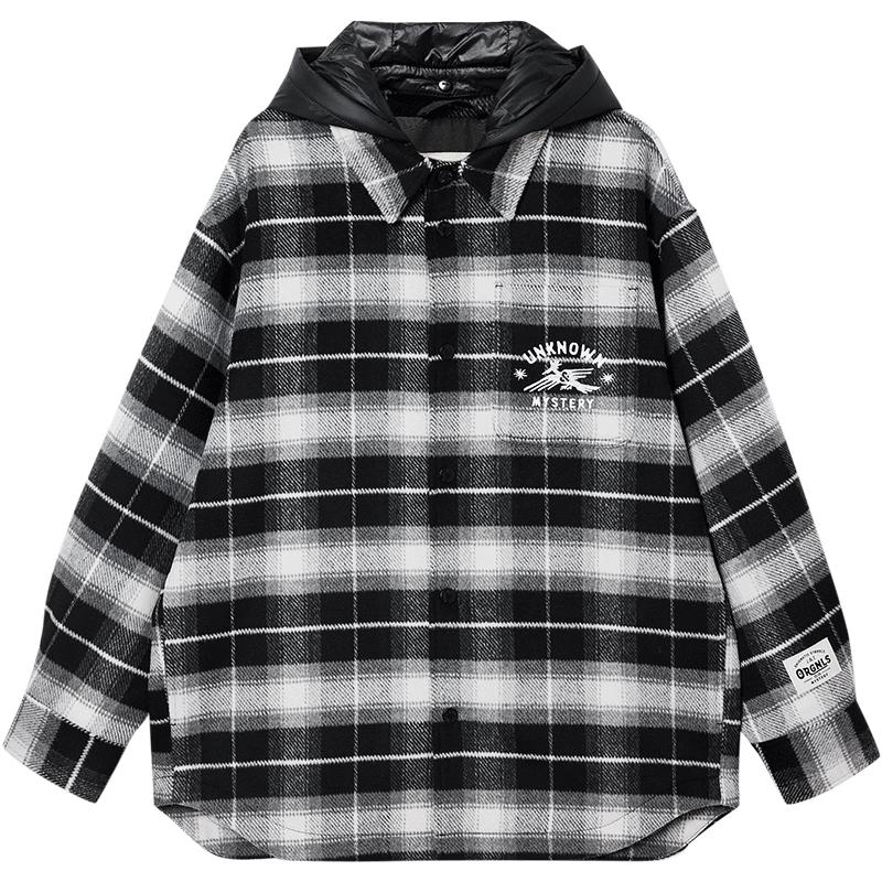 Мужское шерстяное пальто в клетку с вышивкой и съемным капюшоном Jack & Jones L