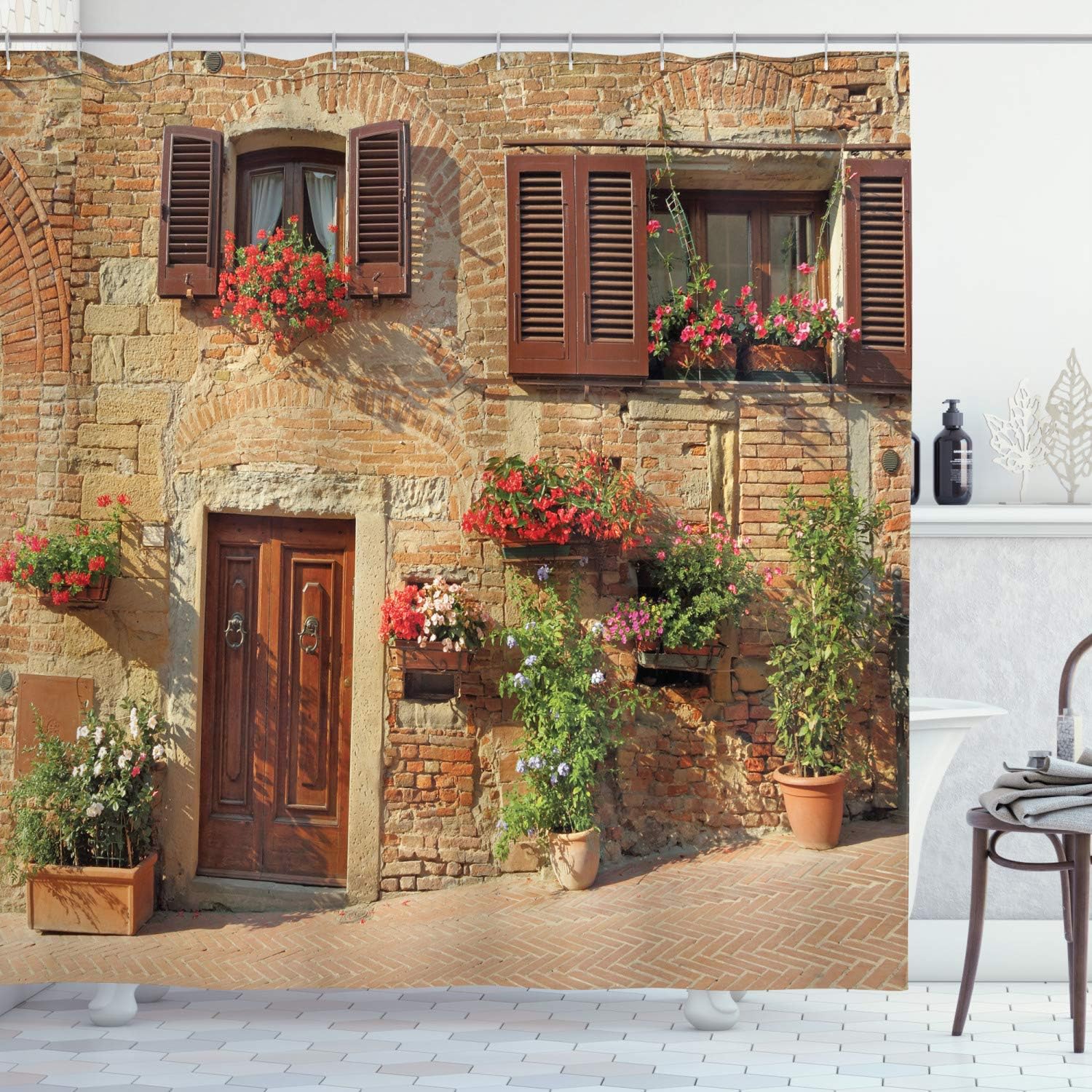 Tuscan Shower Curtain Mediterranean Stone House Floral Windows Italian Village Charm Rustic Cottage Decor with Hooks 90x180cm35x71in