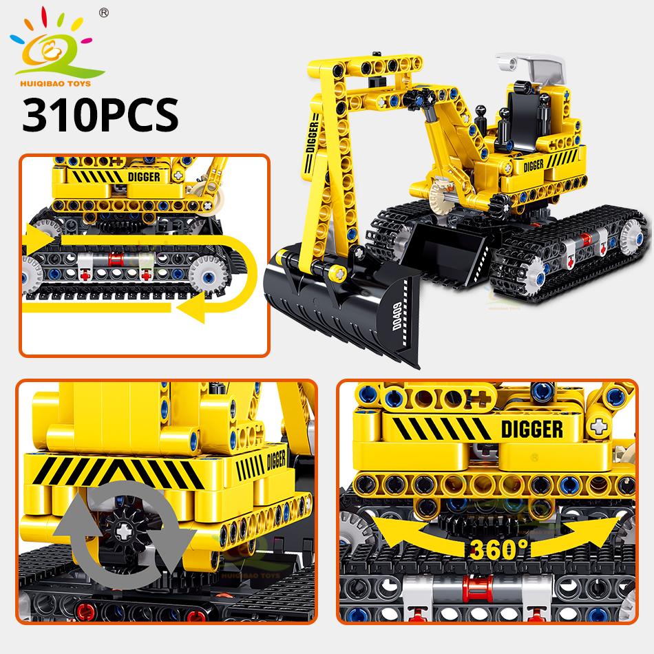 HUIQIBAO Engineering Truck Tech Building Block City Construction Toy For Children Boy Adults Excavator Bulldozer Crane Car Brick
