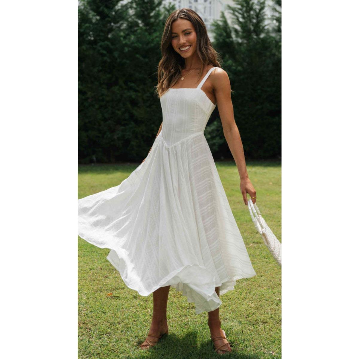 Women s Square Neck Sleeveless Solid Color A Line Midi Dress Casual Flowy White Maxi Dress S
