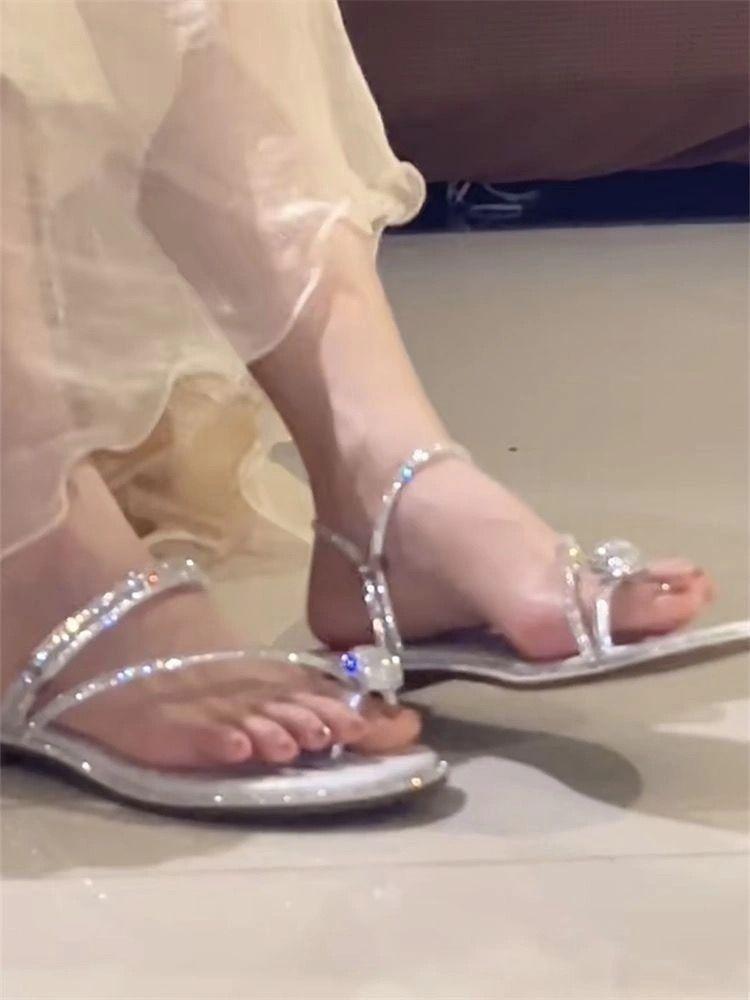 Pearl Sandals Summer Cool Slippers Shoe Cover Toe Flat Bottom Summer Outerwear Fairy Year Rhinestones