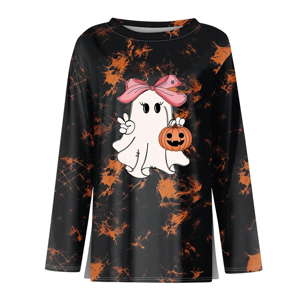 Women's Fashion Long Sleeve Top with Halloween Print and Side Slits, Round Neck