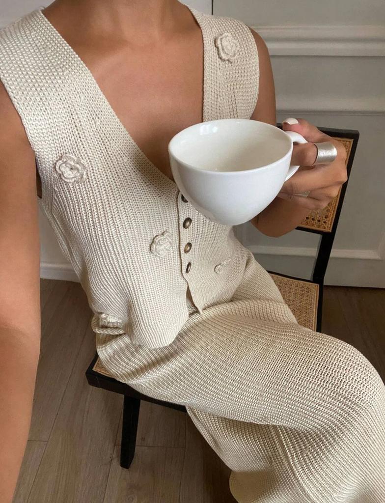 Flower Knitted Waistcoat Dress Sleeveless Vest Two-piece Set