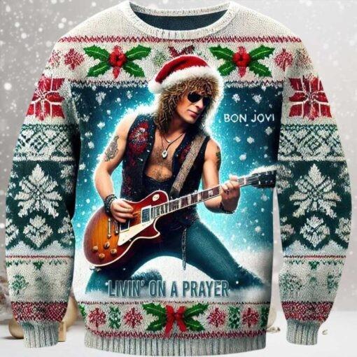 Bon Jovi Livin’ On A Prayer God’s Christmas Ugly Sweater Unisex T-Shirt XXL