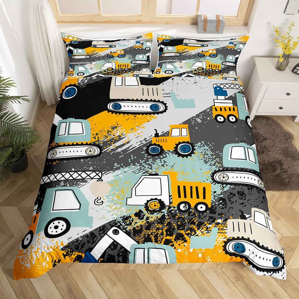 Kids Construction Trucks Duvet Cover King Size Boys Cartoon Car Excavator Tractor Bedding Set Highway Comforter