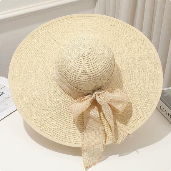 Cappello da Sole Estivo a Tesa Larga per la Spiaggia all'Aperto Moda Bordo Larga Pieghevole Cappello da Sole da Donna Colore Unito Decorazione Fiocco Cappello a Cilindro