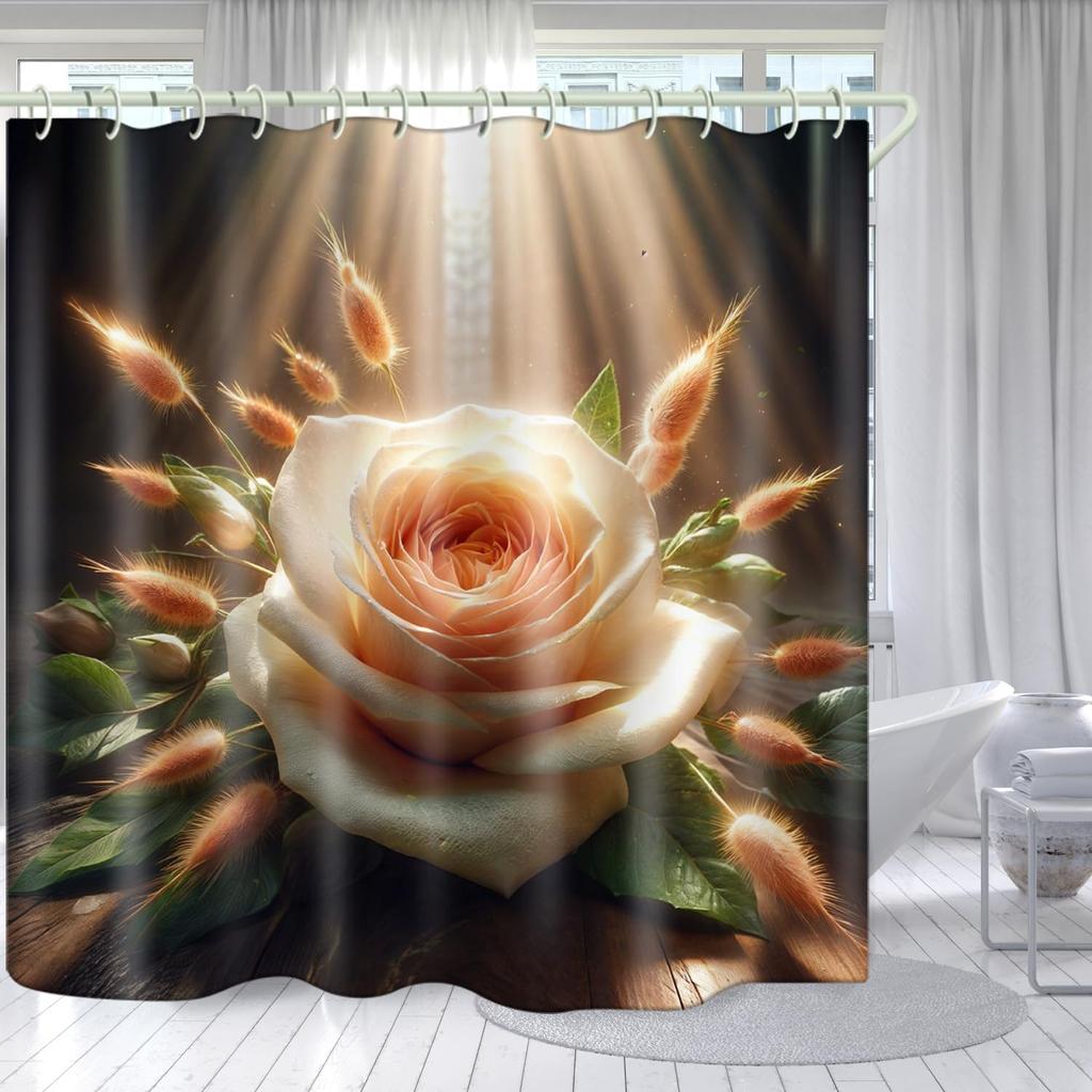 Bathroom Using Sunshine Flower 3D Shower Curtain, Luxury Bathtub Standard Shower Curtain, Waterproof and Bright Fabric Shower Cu