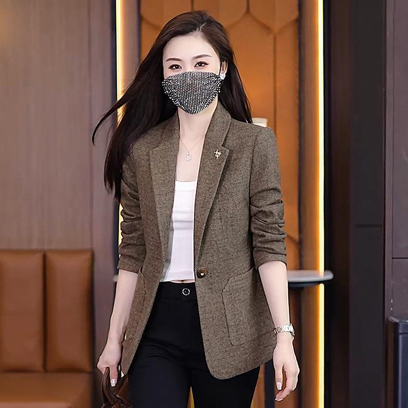

Coffee Plaid Retro Women s Suit Jacket - Korean Style, Slimming, Loose-Fit, Spring/Autumn 2XL коричневый