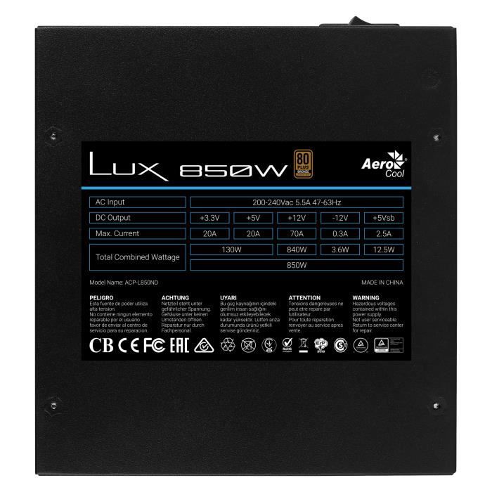 Alimentation pour PC - Aerocool - LUX850 - 850W - 80Plus Bronze - Ventilateur silencieux 12 cm