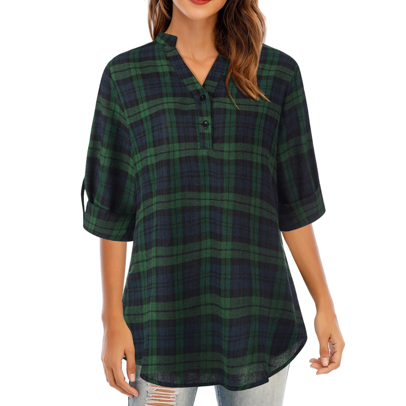 

Осенняя женская клетчатая рубашка в клетку с V-образным вырезом, пуловер на пуговицах с манжетами, длинный рукав, свободная повседневная туника 4X-Large зелёный