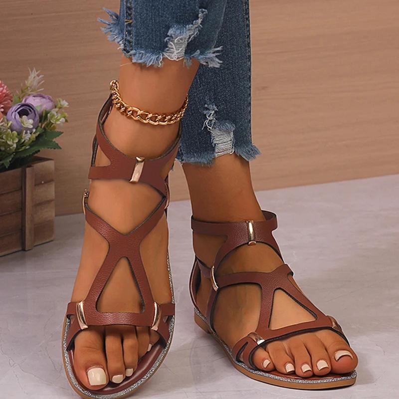 Fashion Summer Fashion Rivet Decor Sandals Women Roman Narrow Band Bao Heel Sandal Ladies Vacation Beach Open Toe Flat Sandalias Mujer