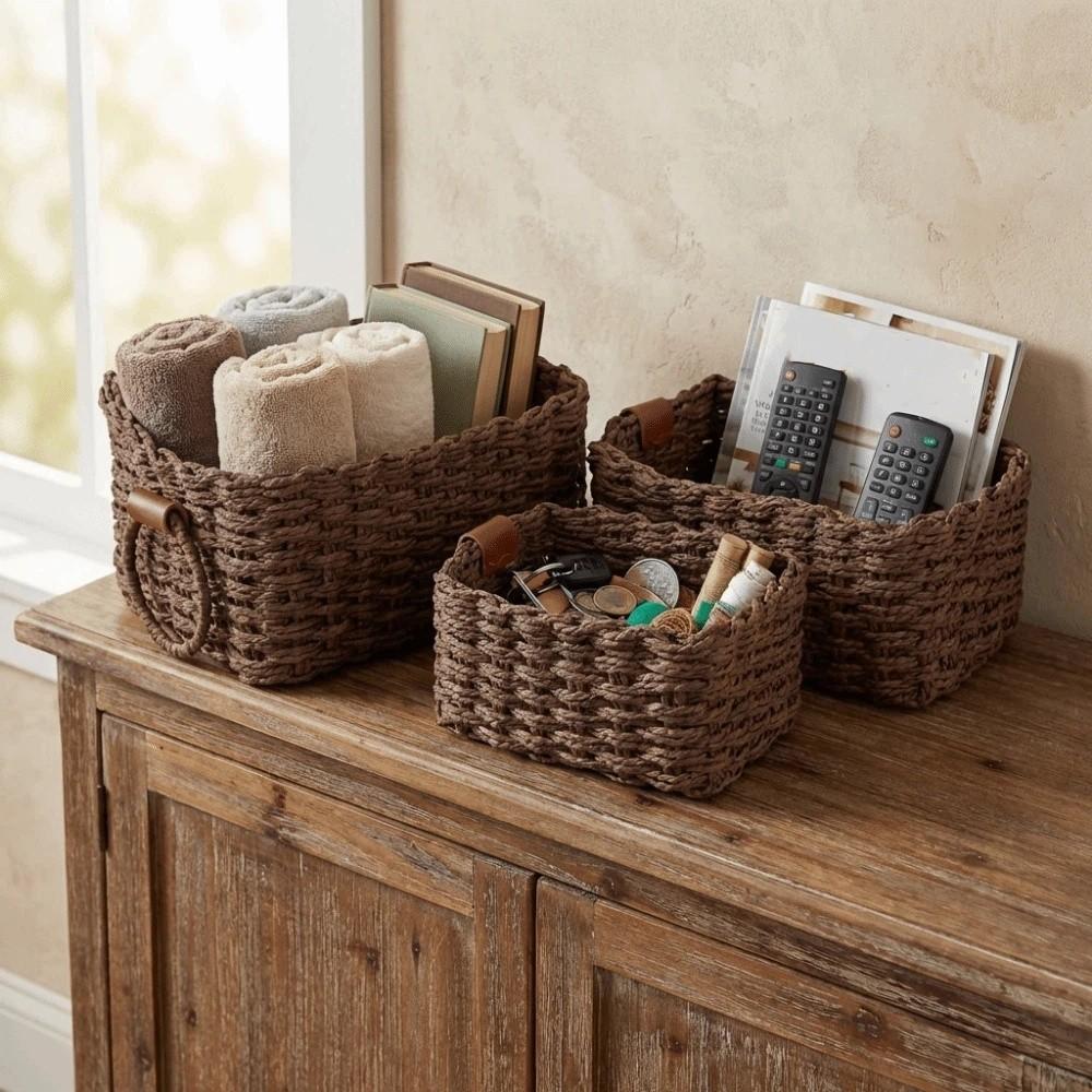 3PCS Simple Woven Storage Basket Eco-friendly Cosmetics Storage Basket  Vanity