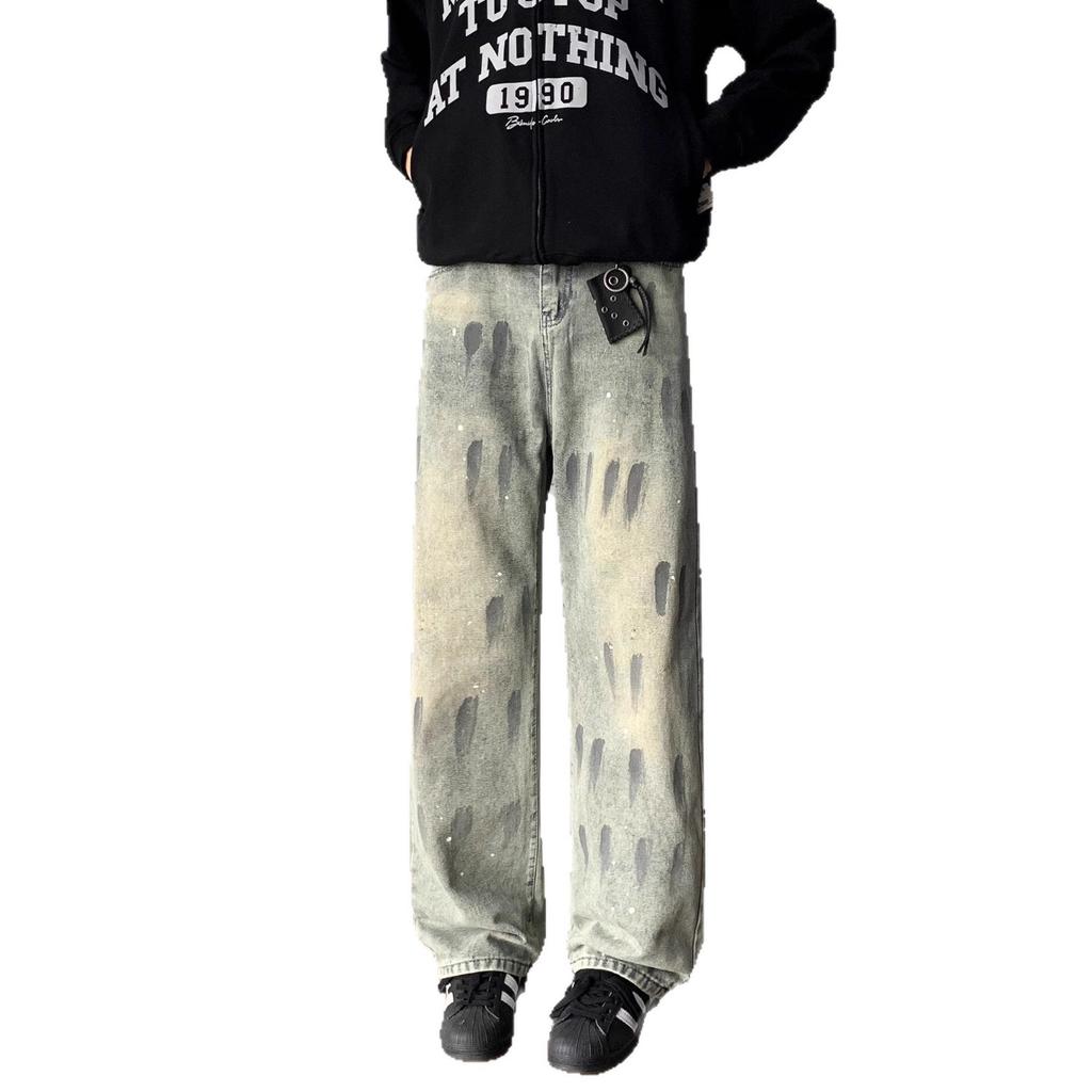 Heavy graffiti loose wide-leg jeans men's American old retro washed nostalgic micro-straight trousers