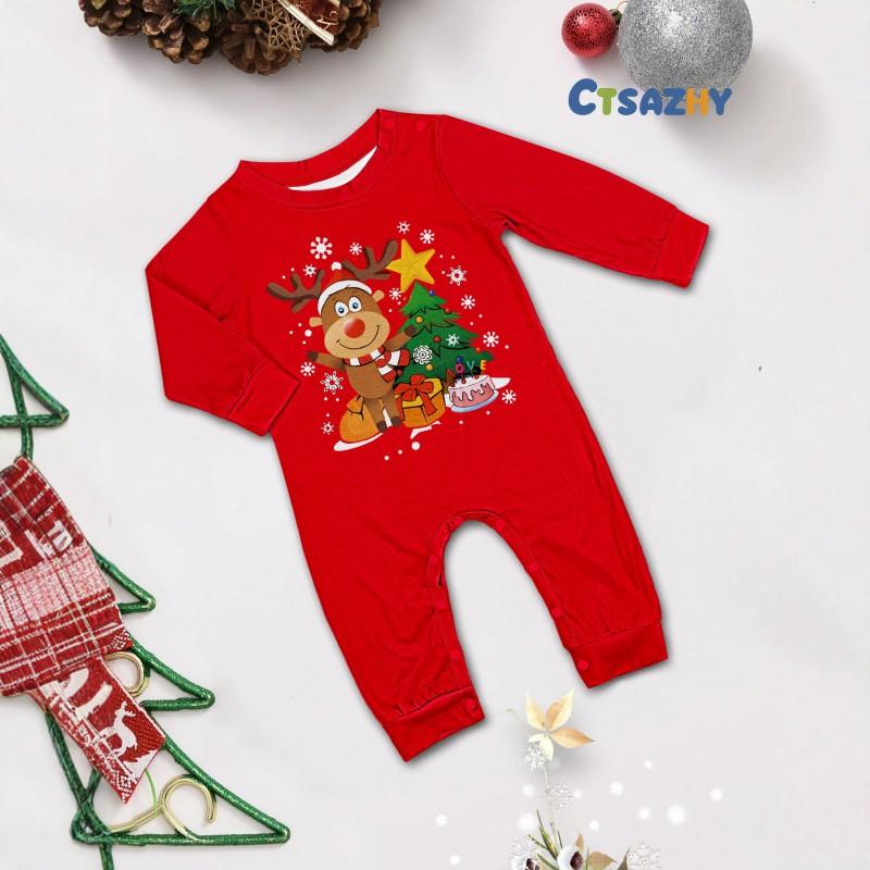 Christmas Family Matching Pajamas Set Red Deer Tree Print Long Sleeve Loungewear Parents Kids Pets