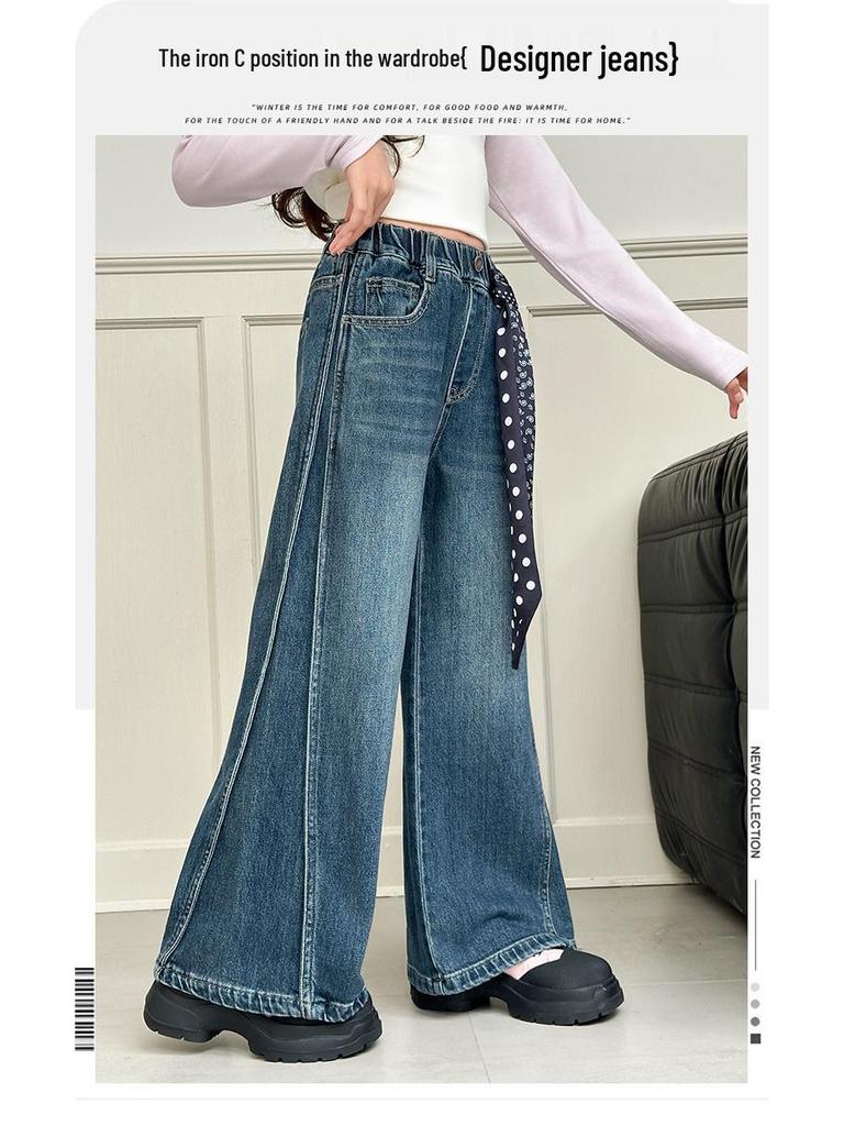 Girls' Korean Style Wide-Leg Trousers: Trendy Spring & Autumn Jeans for Junior High Students