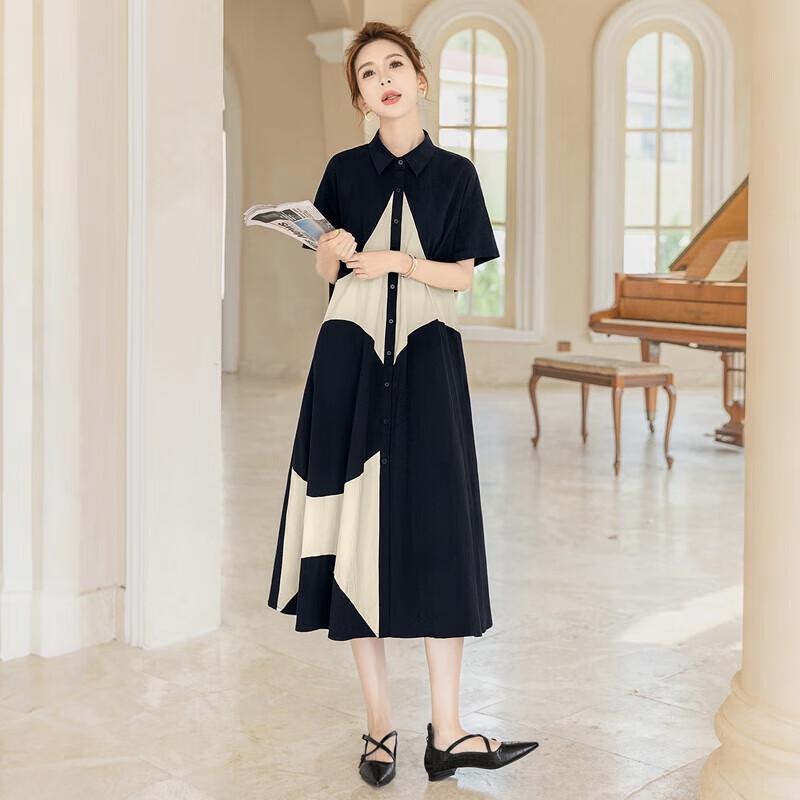 SIBASHE Women s Geometric Color Block A-Line Shirt Dress S