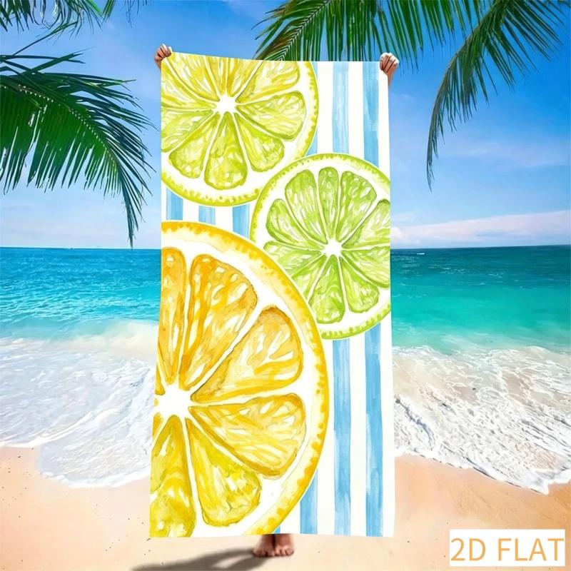Refreshing Lemon Slice Beach Towel - Super Absorbent Quick Dry Microfiber with Blue Stripes, Soft Sand Free Blanket for Picnic