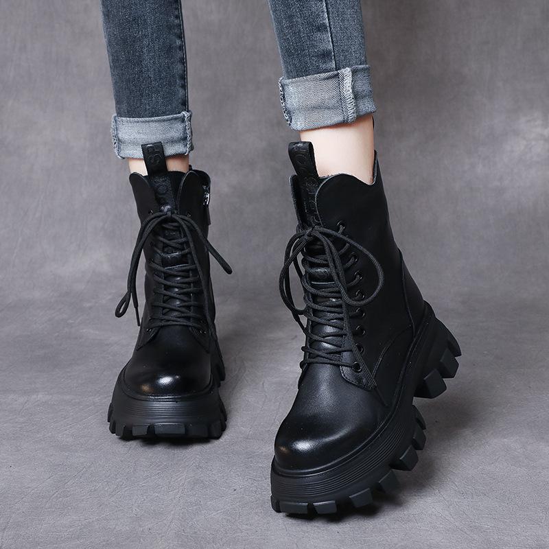 Women's leather sponge cake thick soled boots for autumn and winter British style single boots