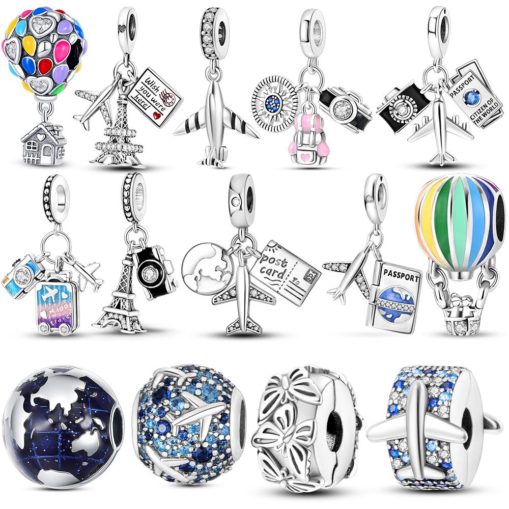 Copper Plated Passport Airplane Luggage Camera Charms Travel Charm Fit Original Beads Dangle Bracelet Diy Women Jewelry