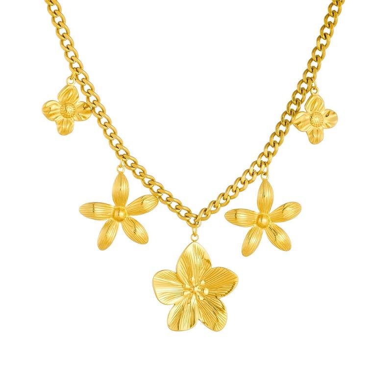 Flower Charm Cuban Chain Necklace For Women Gold Plated Stainless Steel Nature Inspired Jewelry
