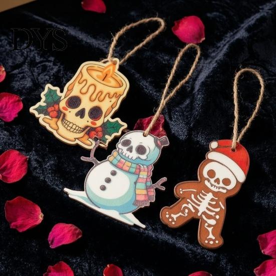 Alternative Christmas Atmosphere Pendants Skeleton Tree Hanging Ornaments, 3.15 Inch Skull Handmade Wooden Ornaments Gothic Spooky Xmas Decorations