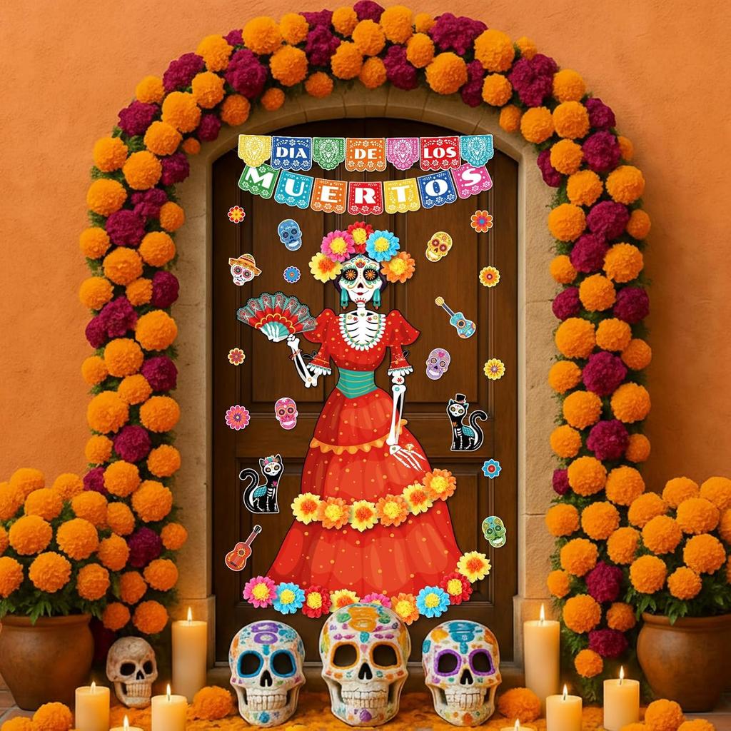 Pasimy Day of The Dead Bulletin Board Set Colorful Sugar Skull Classroom Decorations Mexican Dia De Los Muertos Cutouts with 3D Paper Flowers for