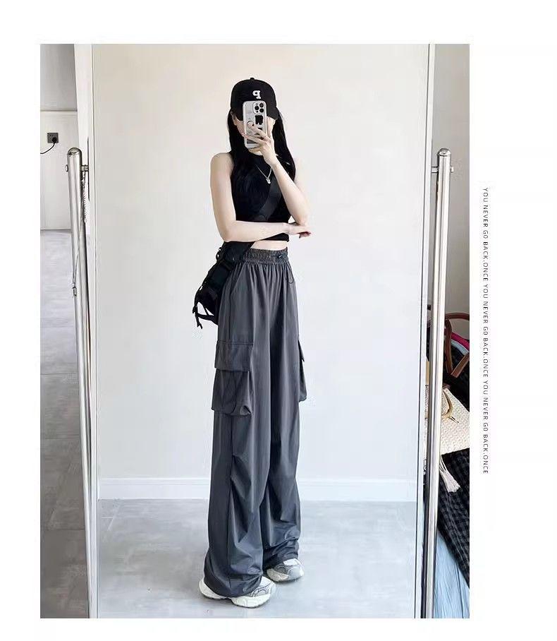 Women's High Waist Gray Wide Leg Parachute Pants - Summer Casual, Quick-Dry American Style Sportswear