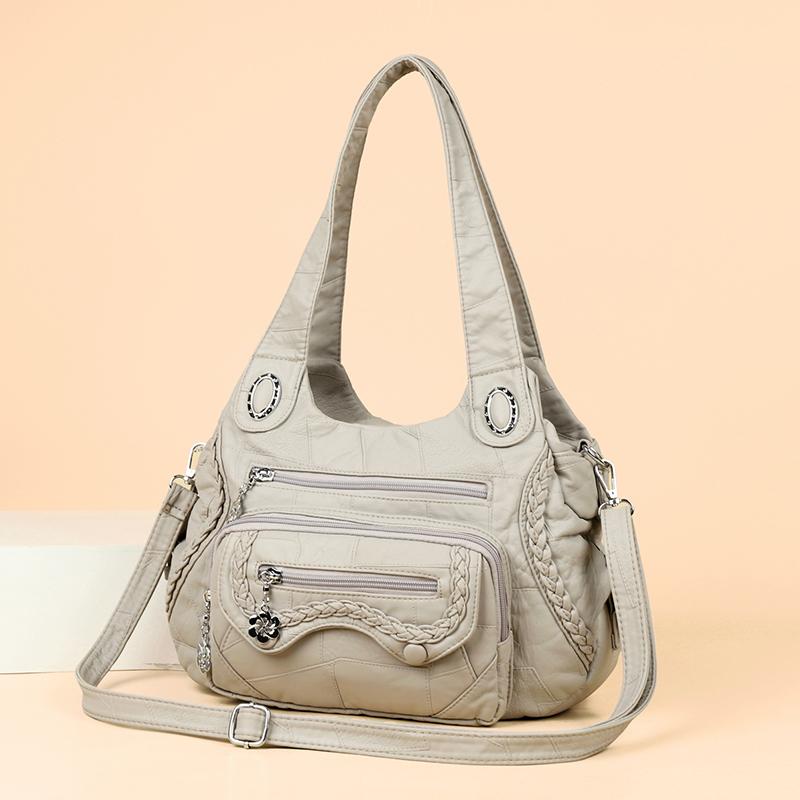 Women's Vintage Leather Shoulder Bag Multi-Zipper Pocket Crossbody Bag with Braided Detail Casual Handbag for  Use for Daily Life and Weekend Outings