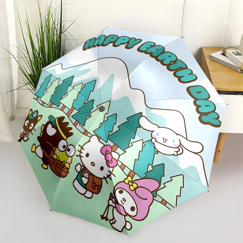 1pc Hello Kitty & Friends Earth Day Camping Trip Automatic Opening/Closing Umbrella with Portable Three-Fold Design, 8-Bone Iron Frame Outdoor Umbrell