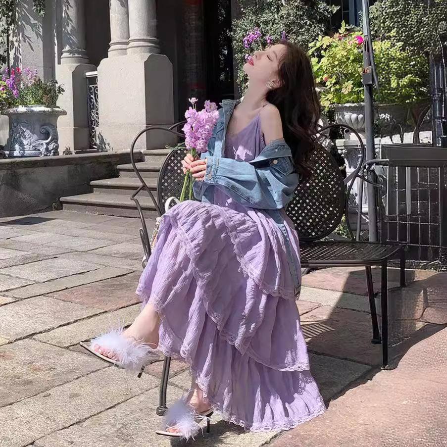 Sweet Age-reducing White French Suspender Dress Women's Spring Vacation Style Small Loose Cake Long Skirt