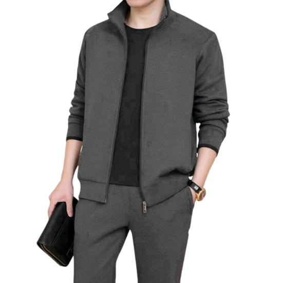 2Pcs/Set Men Sport Outfit Lapel Long Sleeve Zipper Placket Coat Elastic Waist Pockets Long Pants Set Solid Color Sweatshirt Sweatpants Set