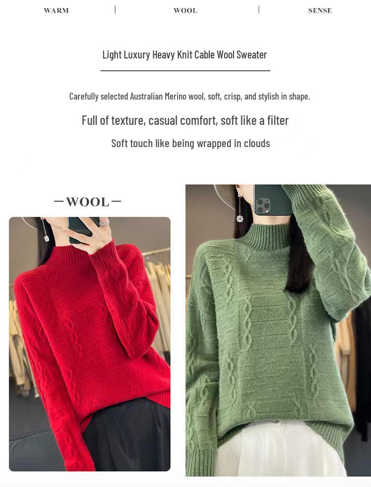 Women's High Neck Wool Sweater - Thick, Loose Knit Top for Autumn/Winter