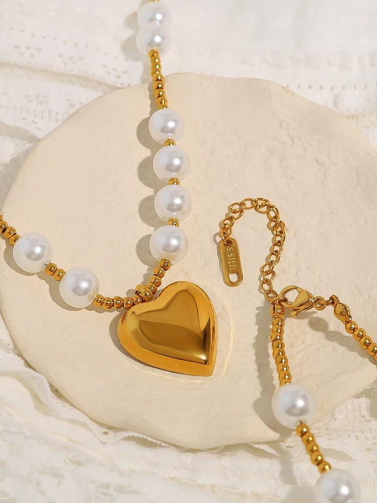1 Pc Handmade Beaded Faux Zircon Necklace, Fashionable Titanium Gold-Plated Heart Pendant Clavicle Chain Necklace For Women