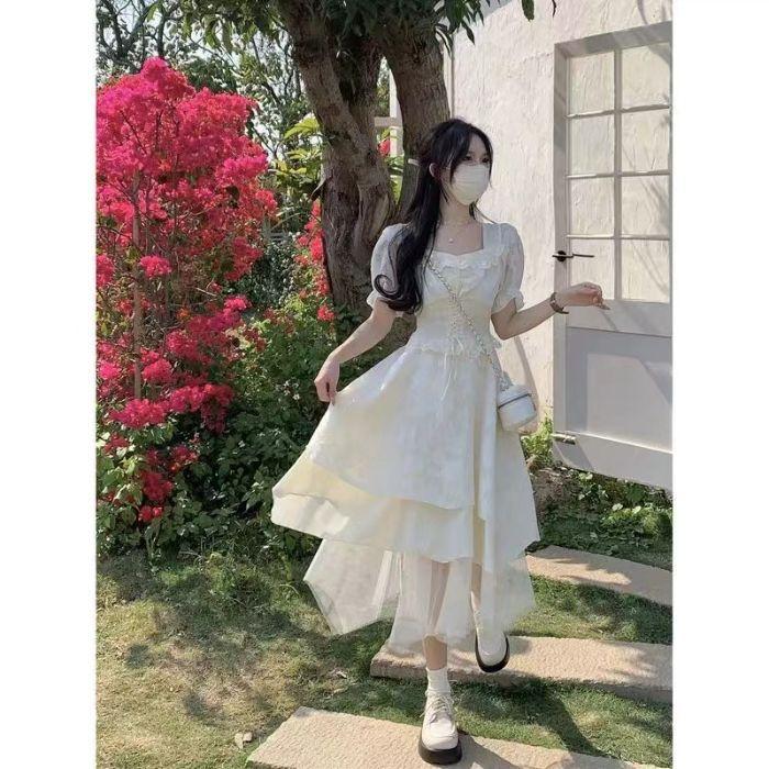 Summer New French Pure Lust Celebrity Style High Dress Long Waist Irregular Apricot Skirt S [excellent quality]